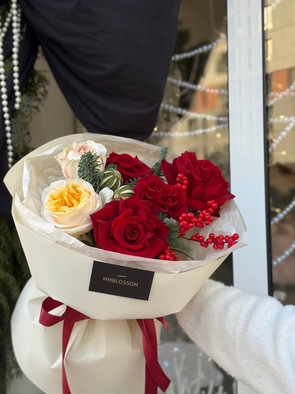 Red & Ivory Rose Winter Bouquet